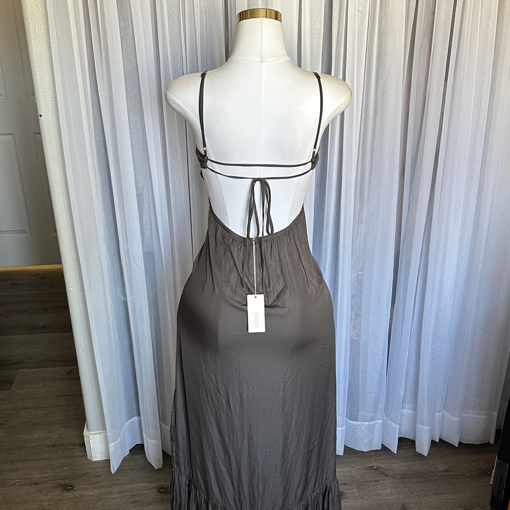 Boho Satin Gray Backless Maxi Ruffle Trim Dress